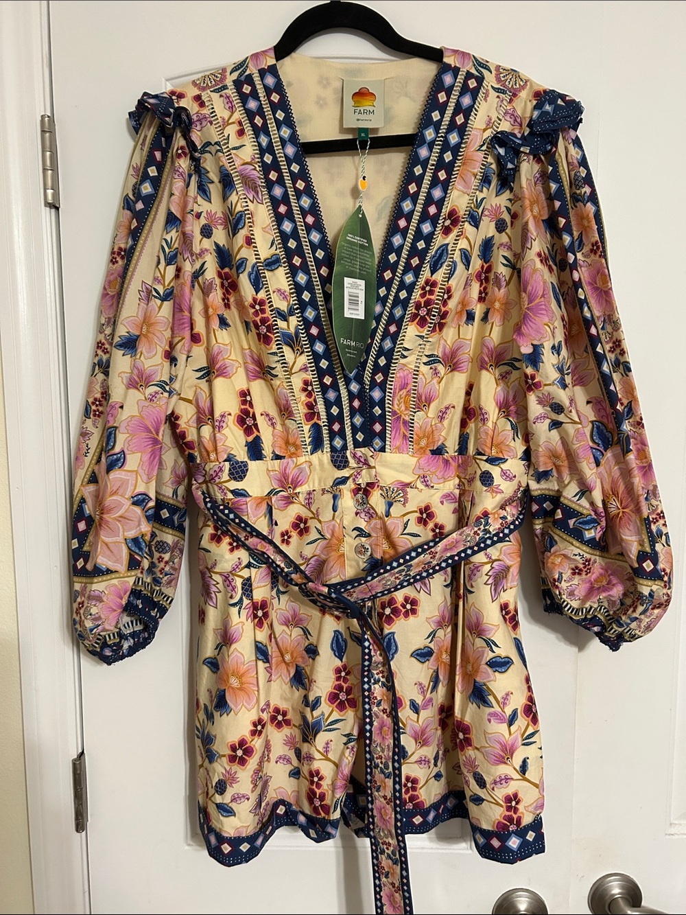 FARM Rio Cream Floral V-Neck Belted Tunic with Navy Trim and Pink Blooms